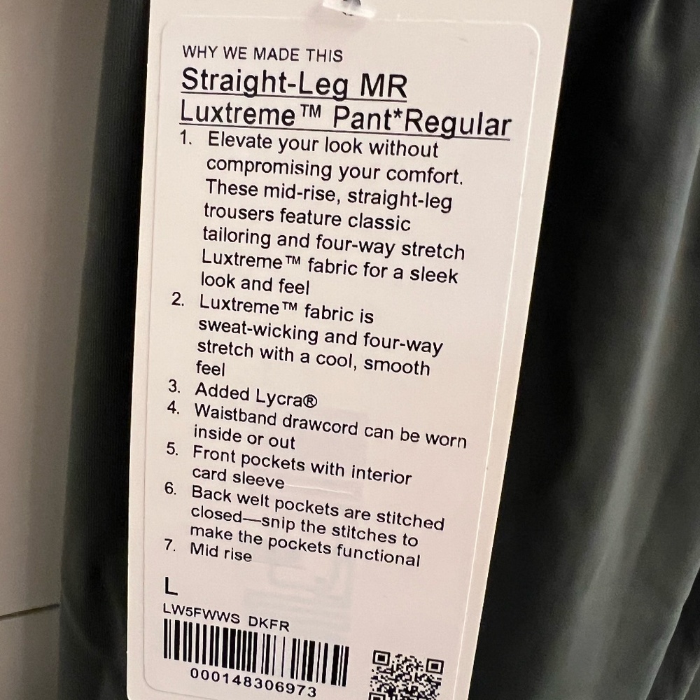 NWT Lululemon Straight-Leg MR Luxtreme Pant, Regular Size L, Gray/Green